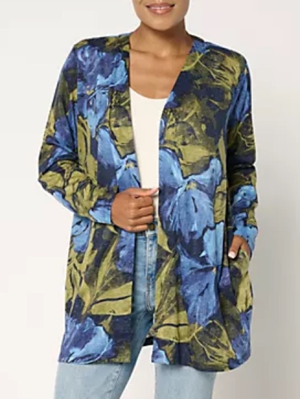 Denim & Co. Women L Blue Green Floral Printed Slub Knit Cardigan Duster